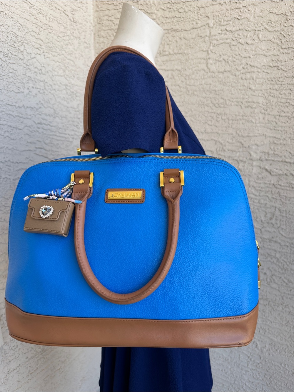 Joy & Iman Bright Blue Satchel with Tan Trim & mini purse bag charm